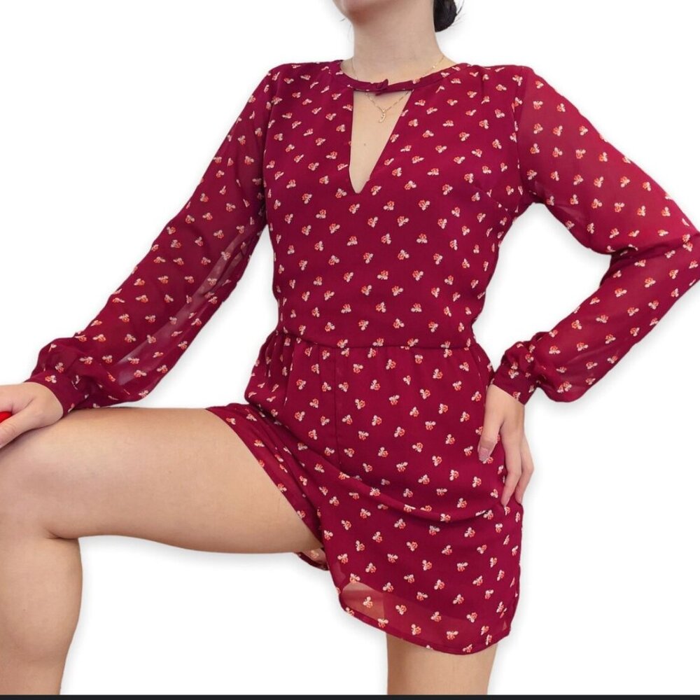 Abercrombie & Fitch Maroon Wine Floral Romper Long Sleeve Cutout Cottagecore 6